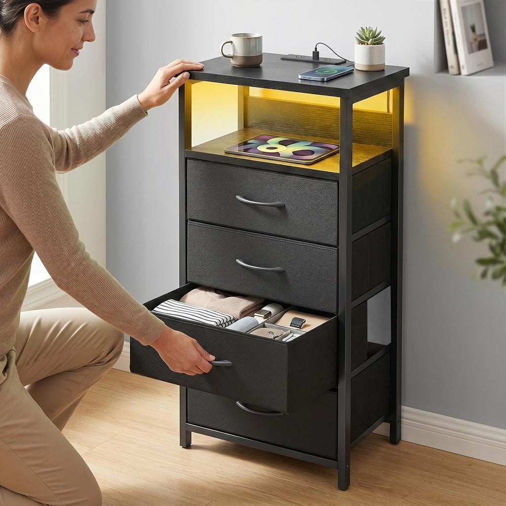 Black Tall Nightstand with Charging Station, 4 Fabric Drawers, RGB LED & Open Shelves