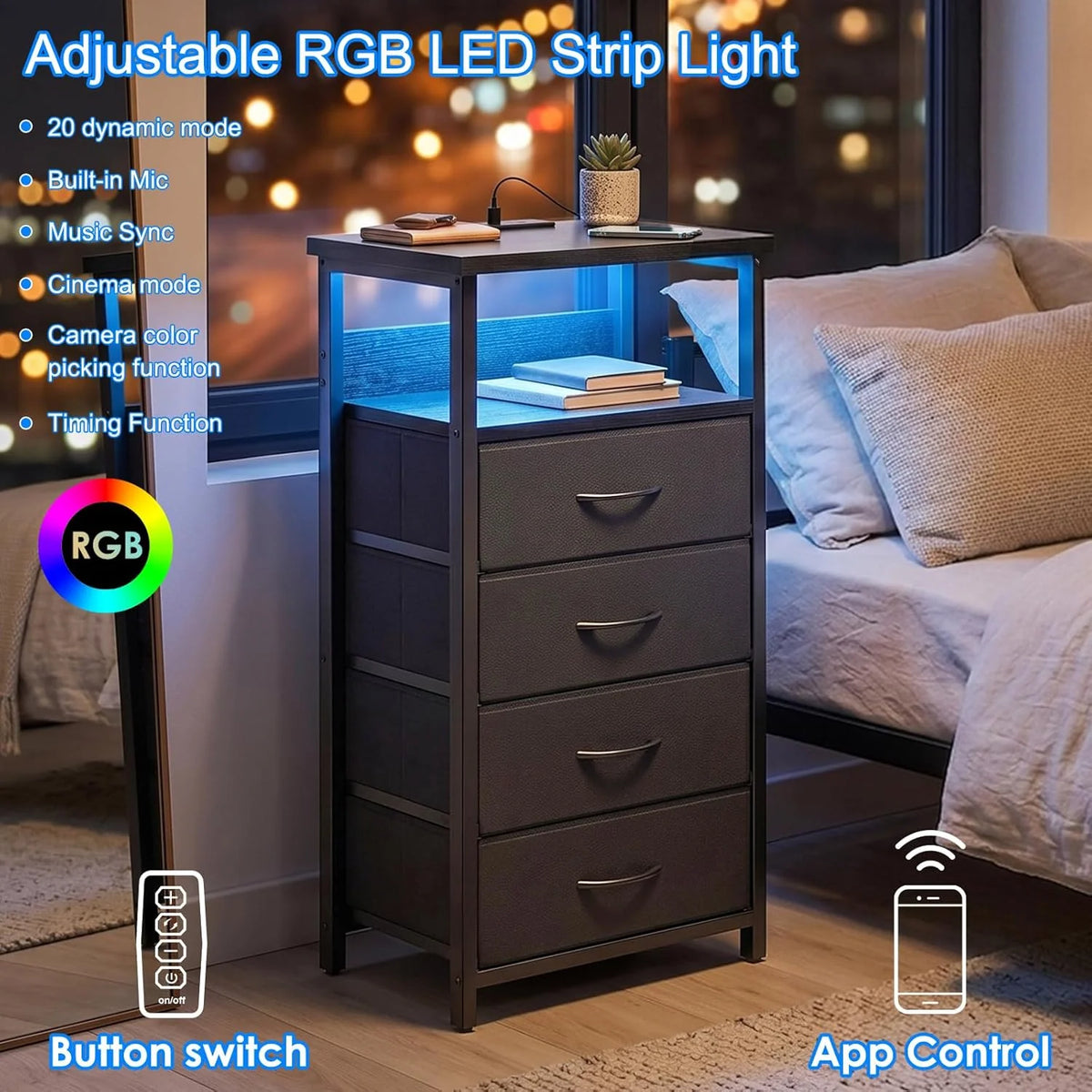 Black Tall Nightstand with Charging Station, 4 Fabric Drawers, RGB LED & Open Shelves