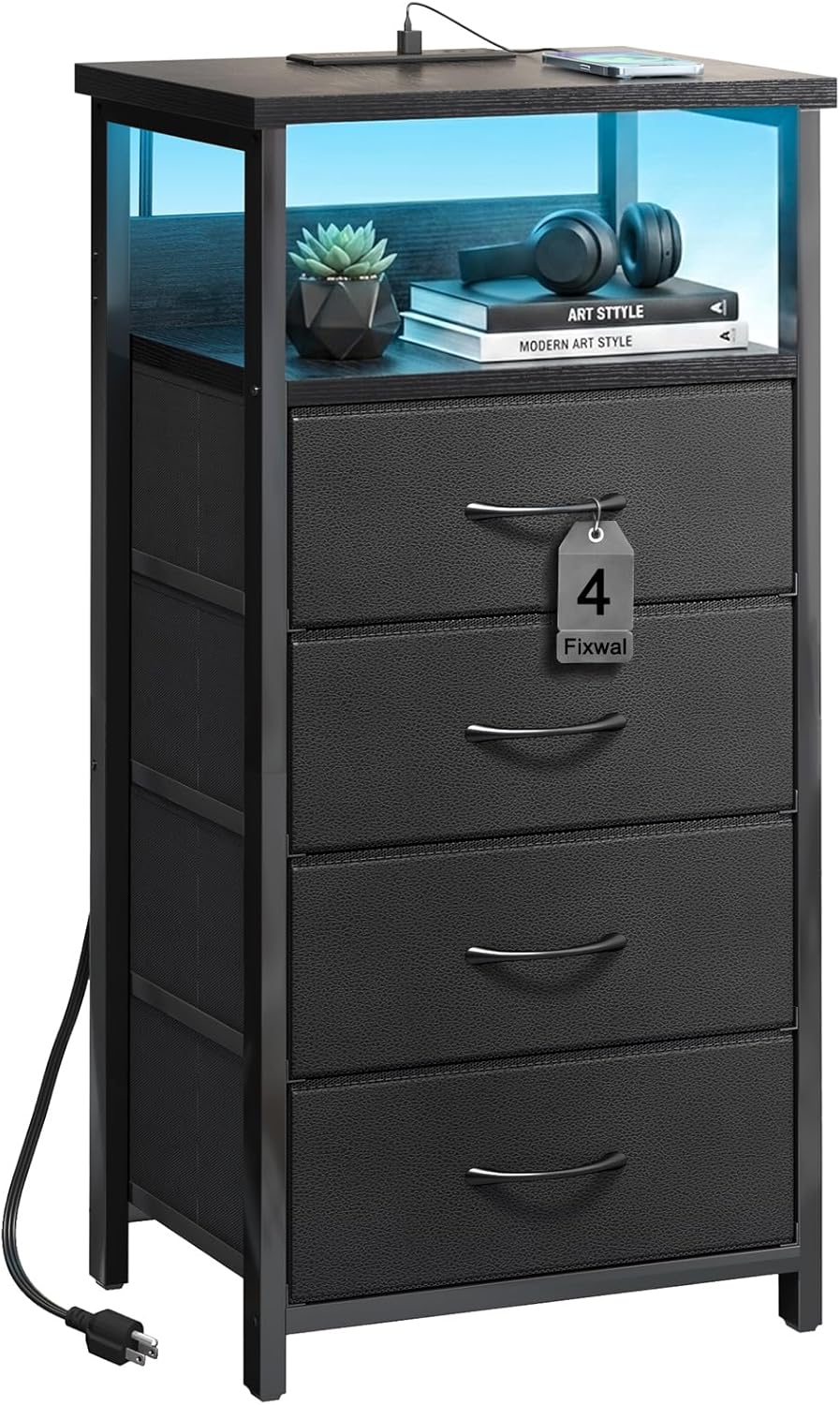 Black Tall Nightstand with Charging Station, 4 Fabric Drawers, RGB LED & Open Shelves
