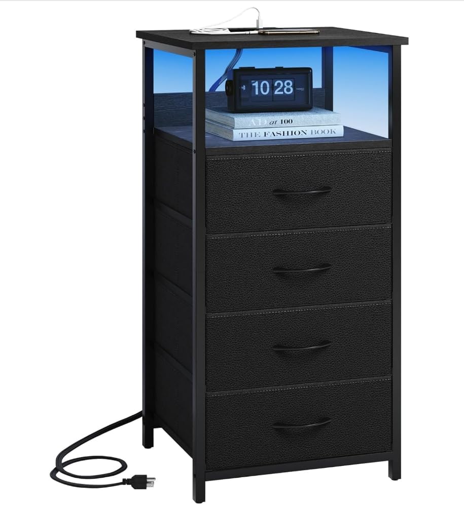 Black Tall Nightstand with Charging Station, 4 Fabric Drawers, RGB LED & Open Shelves