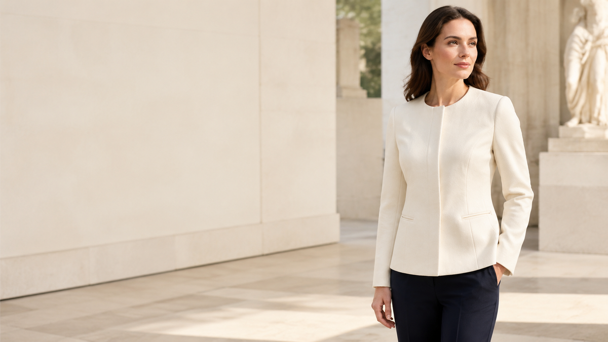 Woman wearing the Celeste collarless structured jacket