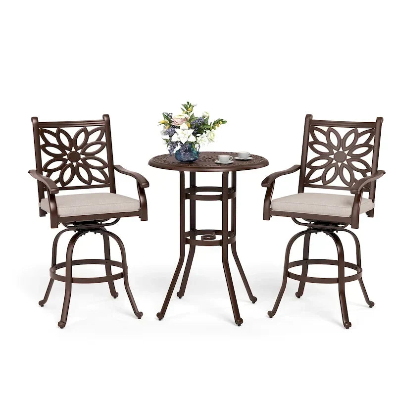MAISON ARTS 3-Piece Cast Aluminum Patio Bar Stool Set of 1 Bar Table & 2 Swivel High Bar Stools