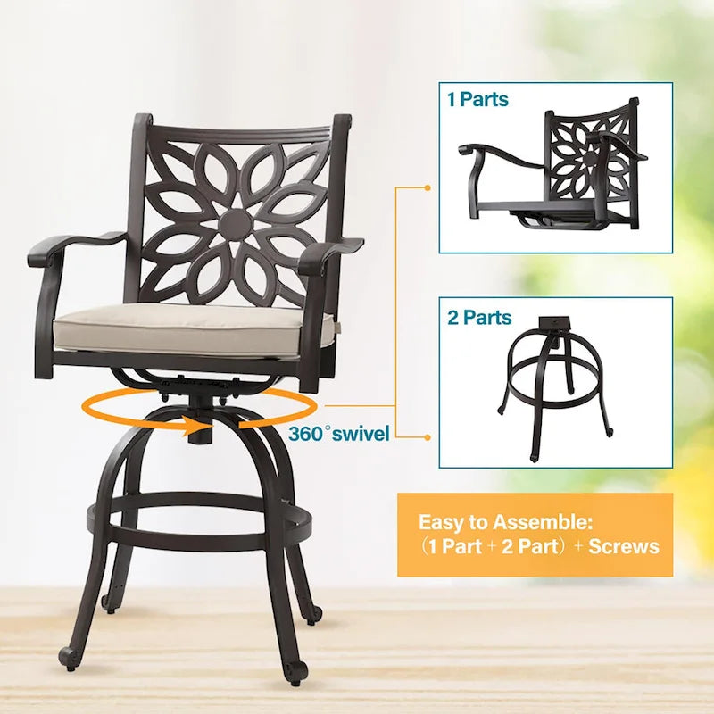 MAISON ARTS 3-Piece Cast Aluminum Patio Bar Stool Set of 1 Bar Table & 2 Swivel High Bar Stools