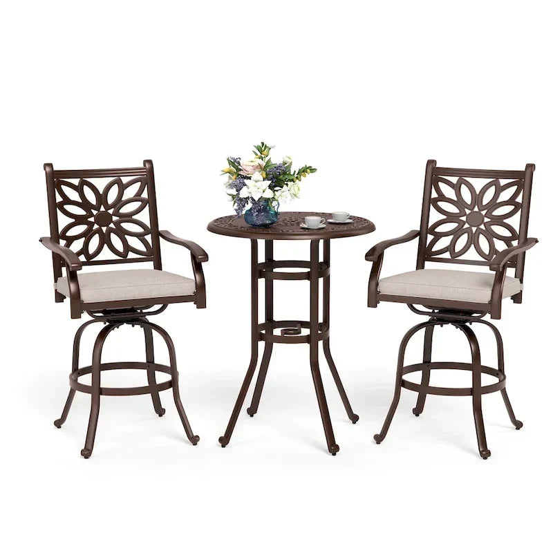 MAISON ARTS 3-Piece Cast Aluminum Patio Bar Stool Set of 1 Bar Table & 2 Swivel High Bar Stools