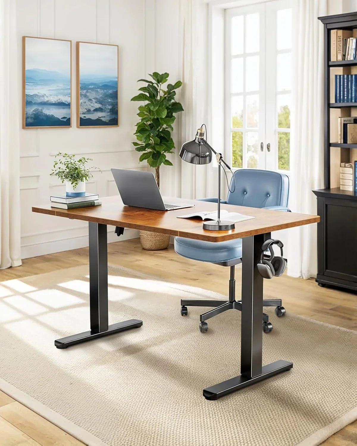 UANUO 48 x 24 inch Electric Standing Desk, Height Adjustable Table with Headphone Hooks & Cable Manager, Sit to Stand up Desk for Home Office, Vintage Brown