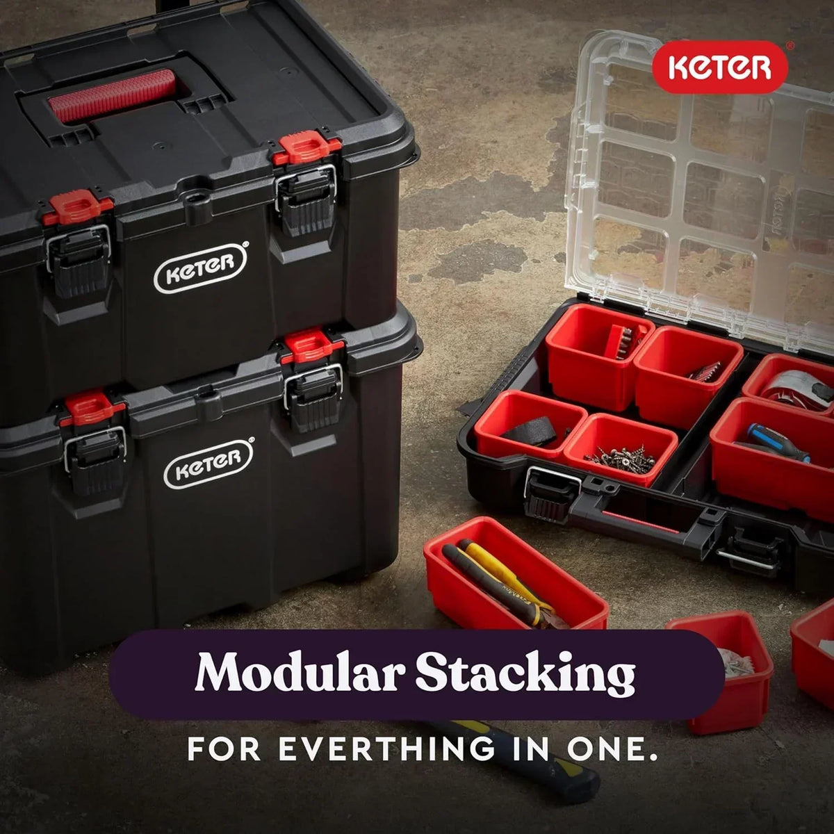 Keter Rolling Tool Box System, 3 Piece, Black/Red - 3 Piece Resin Modular Toolbox System