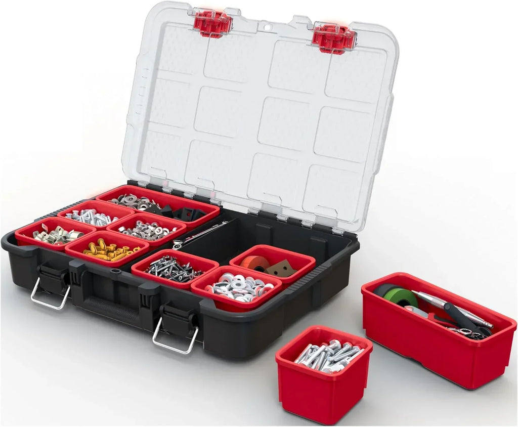 Keter Rolling Tool Box System, 3 Piece, Black/Red - 3 Piece Resin Modular Toolbox System