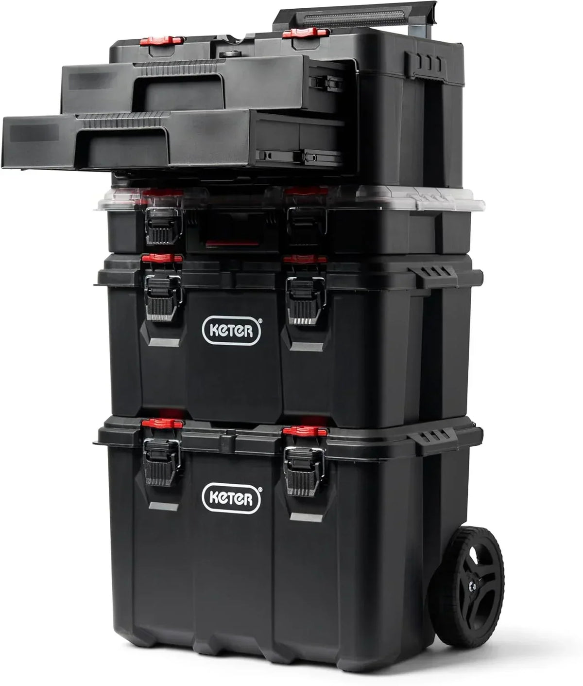 Keter Rolling Tool Box System, 3 Piece, Black/Red - 3 Piece Resin Modular Toolbox System