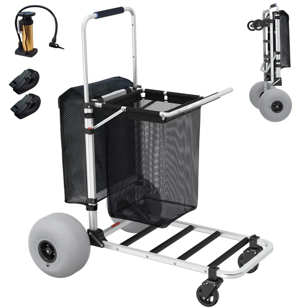 GDLF Foldable Beach Cart with Adjustable Handle and 12" Balloon Wheels, Heavy Duty Aluminum 220LBS Capacity