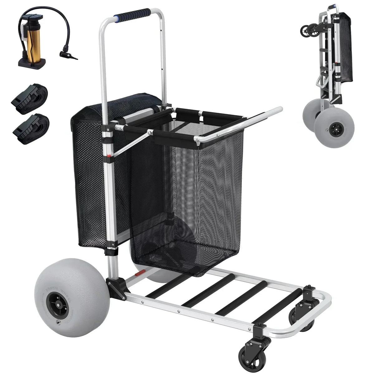 GDLF Foldable Beach Cart with Adjustable Handle and 12" Balloon Wheels, Heavy Duty Aluminum 220LBS Capacity