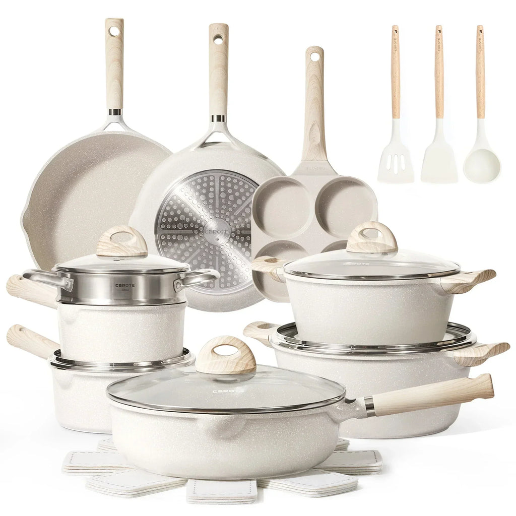 Carote Non Stick Pots and Pans Set, 21 Pcs Induction Kitchen Cookware Sets (Beige Granite)