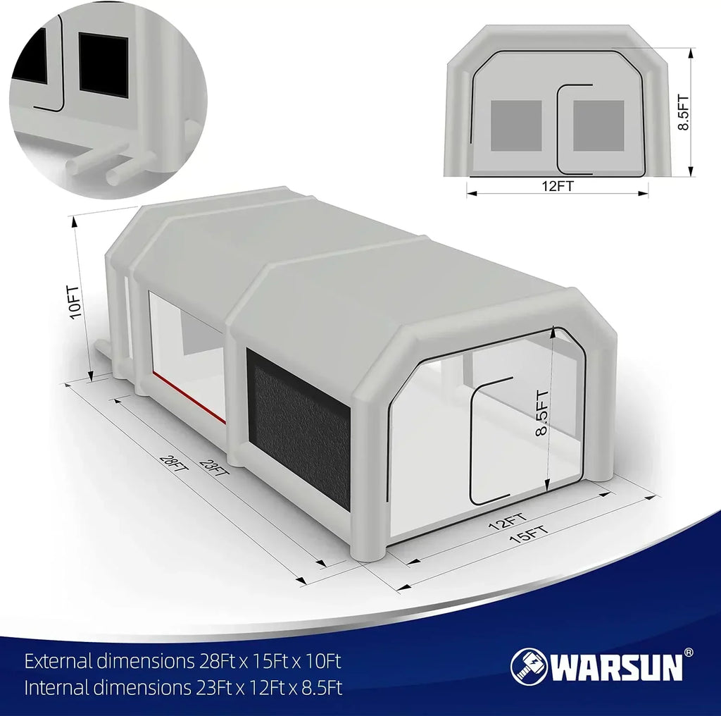 WARSUN Inflatable Paint Booth With Air Filter System, 28X15X10Ft, 950W+750W Blowers
