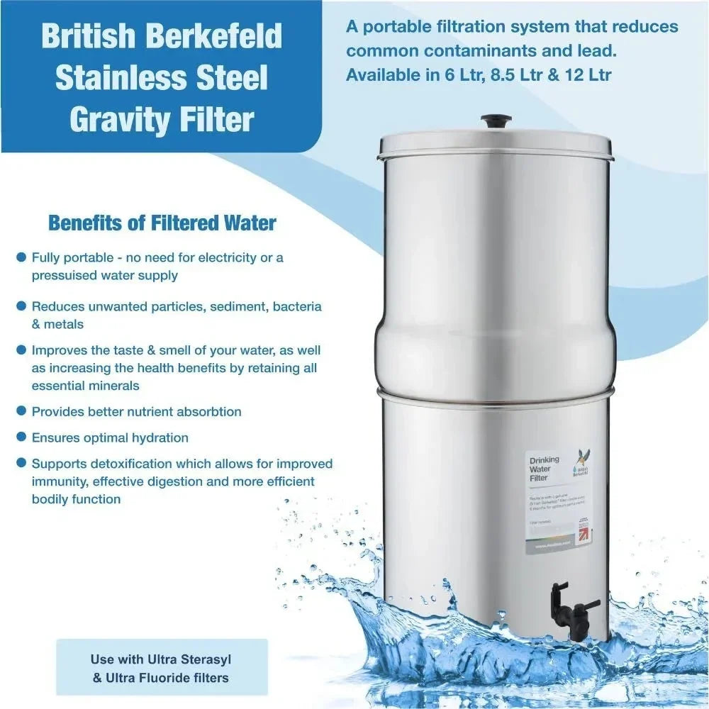 British Berkefeld Gravity Water Filter System 1 Liter Stainless Steel With 1 Ultra Sterasyl Cartridge - Baron
