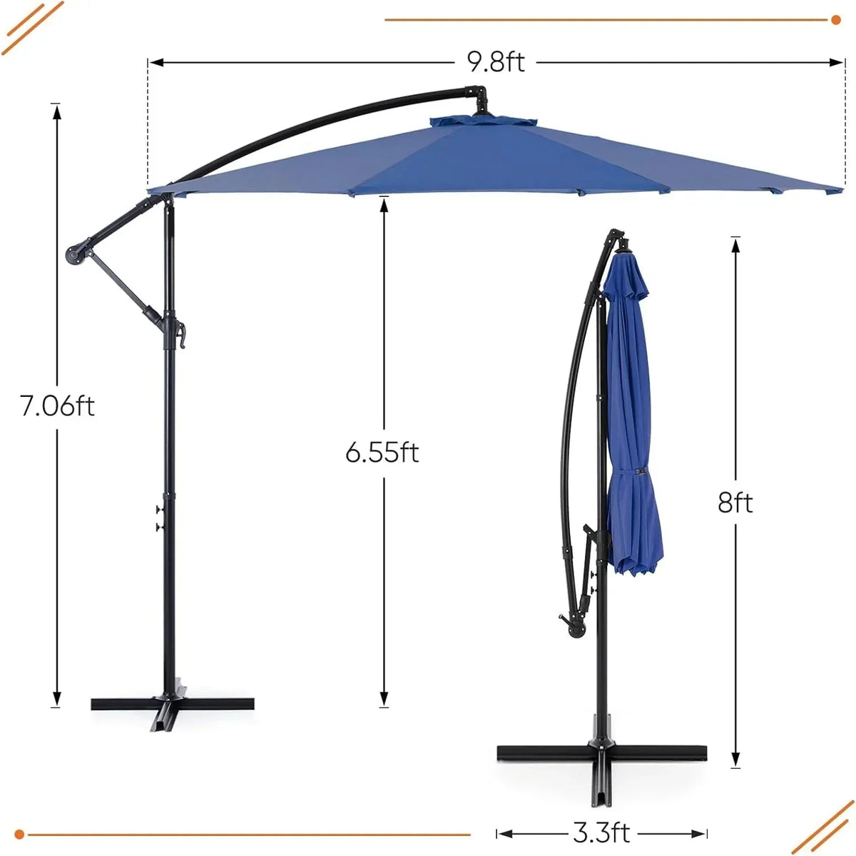 9.8FT Offset Patio Umbrella Hanging Cantilever Umbrella Outdoor Sun Shade with Easy Tilt Adjustment, 8 Ribs, UV Protection for Backyard, Lawn, Garden and Pool, Blue