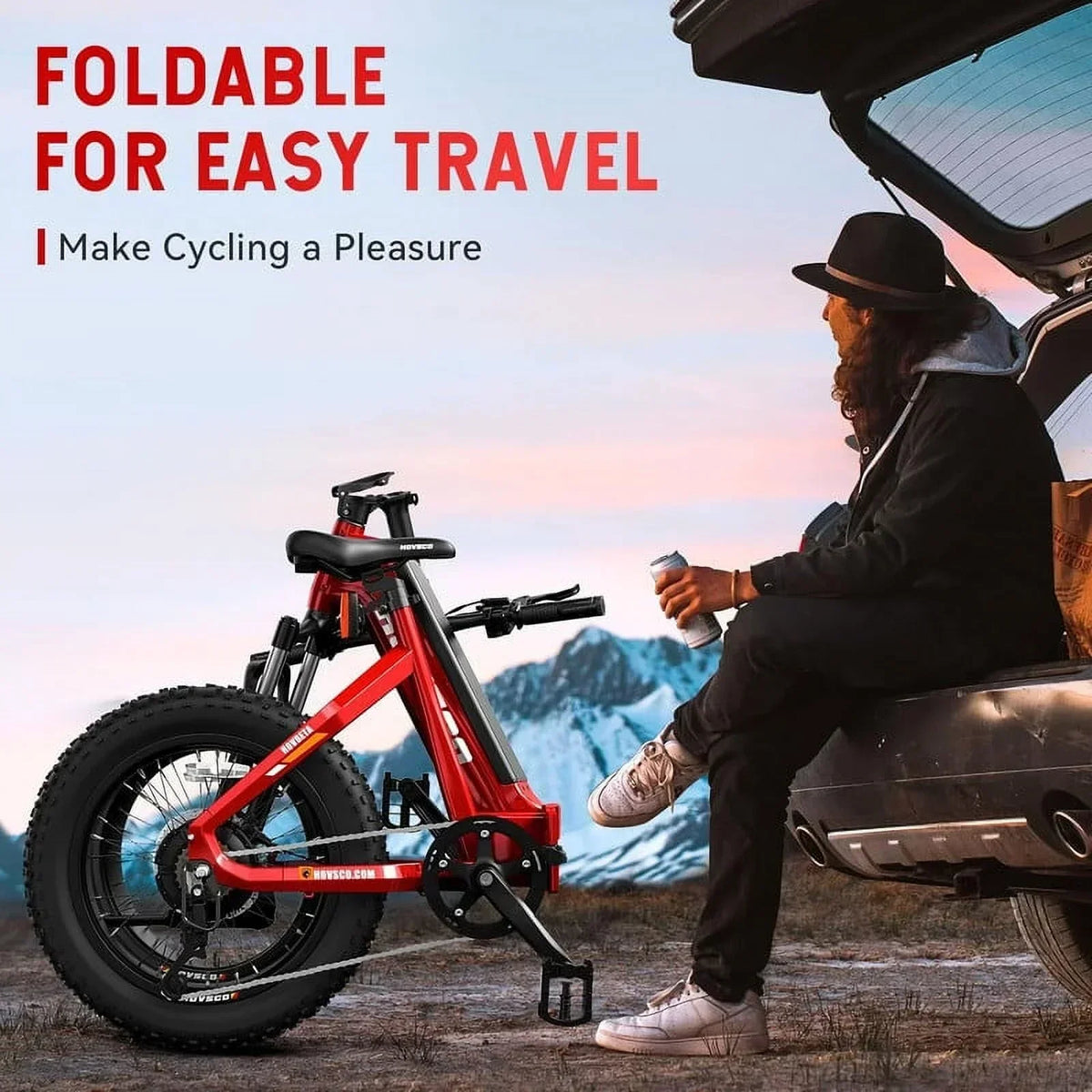 HOVSCO Folding Electric Bike, 750W Step-Thru 20 Inch Fat Tire Ebike, 28 MPH, 48V 15Ah Removable Battery, Red