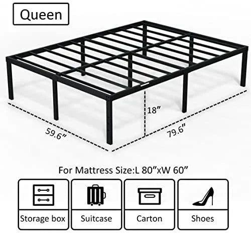 EMODA Queen Bed Frame No Box Spring Needed 18 Inch Heavy Duty Metal Tall Platform Bed Frame