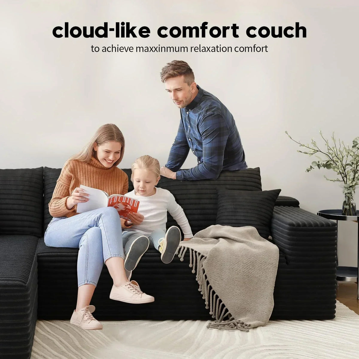 107.5" Cloud Modular Sectional Sofa Couch with L-Shape Chaise,Modern Minimalist Upholstered Couches for Living Room Bedroom,Deep Seat Corner Couch .No Assembly Required (Black,Left Facing Chaise)