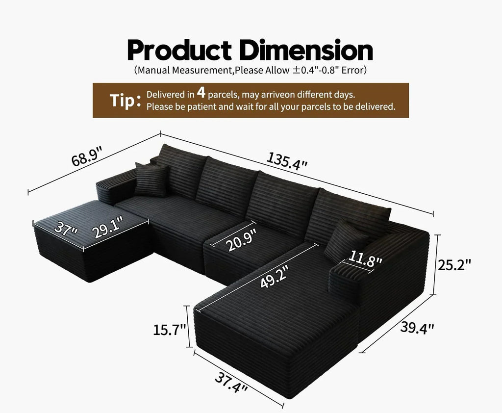 107.5" Cloud Modular Sectional Sofa Couch with L-Shape Chaise,Modern Minimalist Upholstered Couches for Living Room Bedroom,Deep Seat Corner Couch .No Assembly Required (Black,Left Facing Chaise)