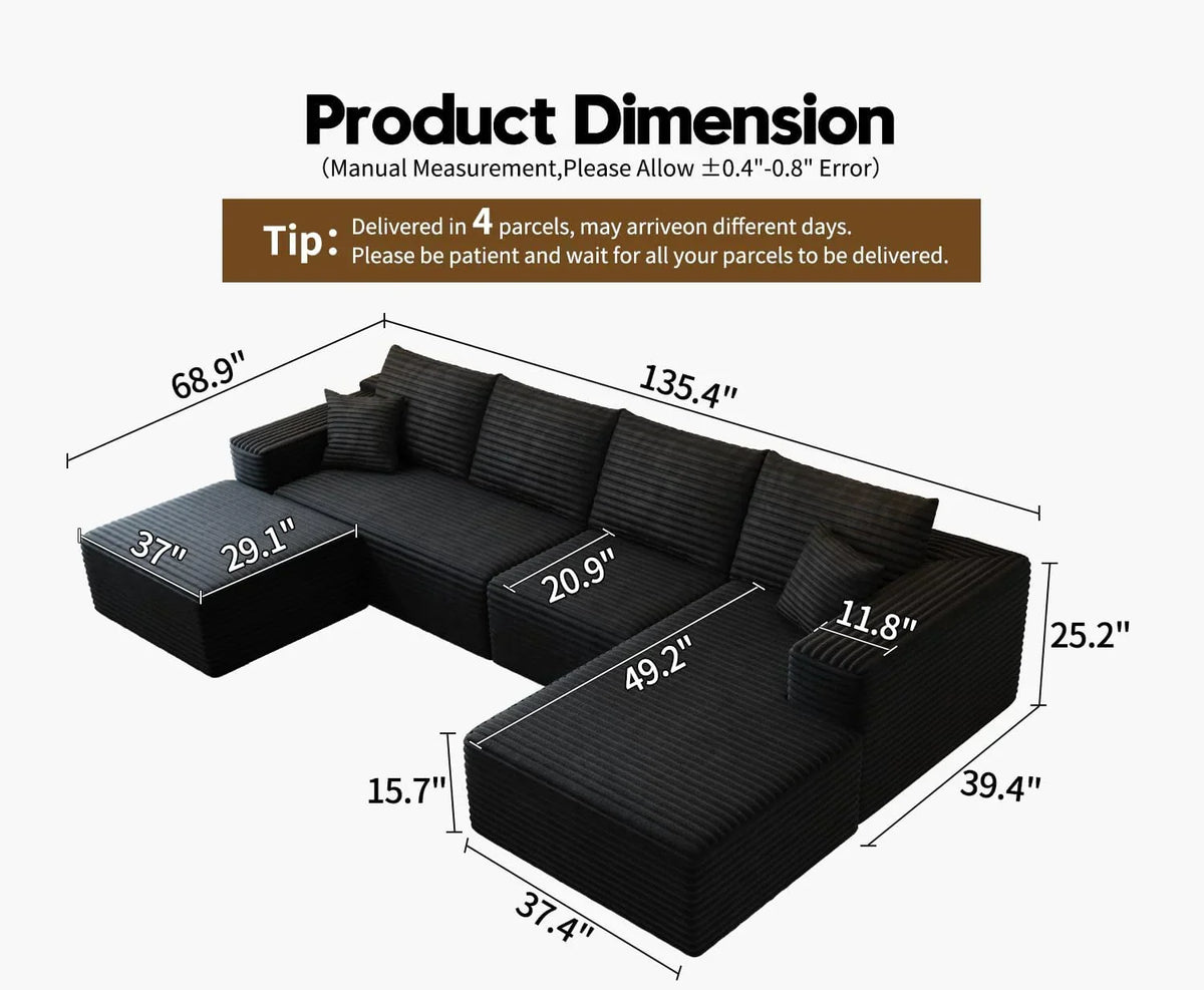 107.5" Cloud Modular Sectional Sofa Couch with L-Shape Chaise,Modern Minimalist Upholstered Couches for Living Room Bedroom,Deep Seat Corner Couch .No Assembly Required (Black,Left Facing Chaise)