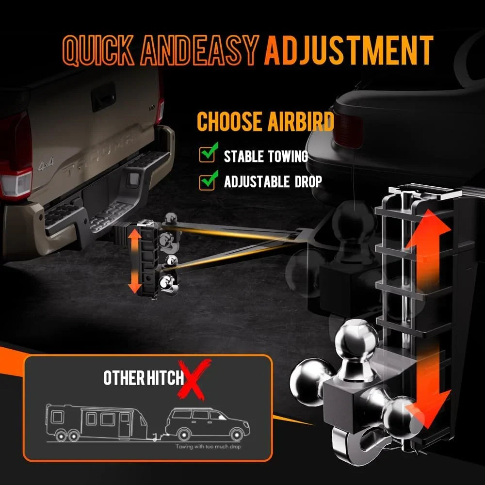 Adjustable Trailer Hitch Fits 2-Inch Receiver, Heavy Duty Tow Hitches (17000 LBS GTW) 6 Inch Drop Truck Hitch Tri-Ball Mount with Hook (1-7/8" x 2" x 2-5/16")