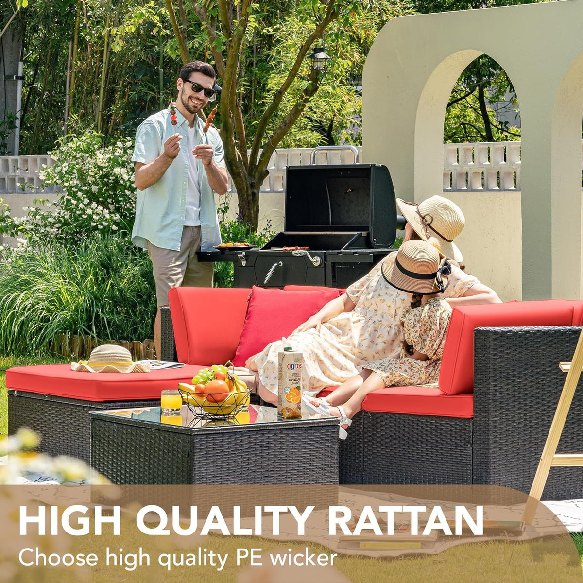 Devoko 5 Pieces Patio Furniture Sets All Weather Outdoor Sectional Patio Sofa Manual Weaving Wicker Rattan Patio Seating Sofas with Cushion and Glass Table(Beige)