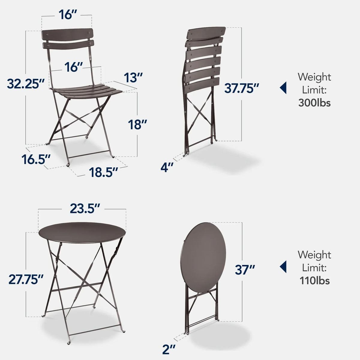 Best Choice Products 3-Piece Small Bistro Set, Folding Patio Furniture Set of 2 Chairs and Table - Black