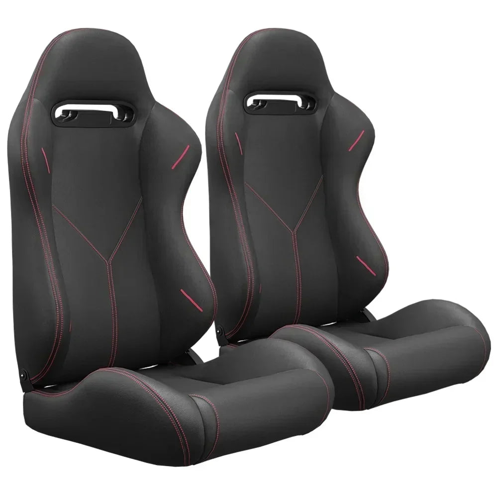 2PC Universal Reclinable Bucket Racing Seats With Adjustor Slider - Red PVC Leather