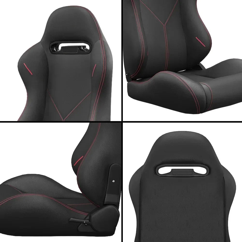 2PC Universal Reclinable Bucket Racing Seats With Adjustor Slider - Red PVC Leather