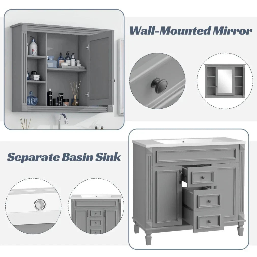 36'' Bathroom Vanity Set With Ceramic Sink Top, Mirror Cabinet, 2 Doors And 2 Drawers - Gray