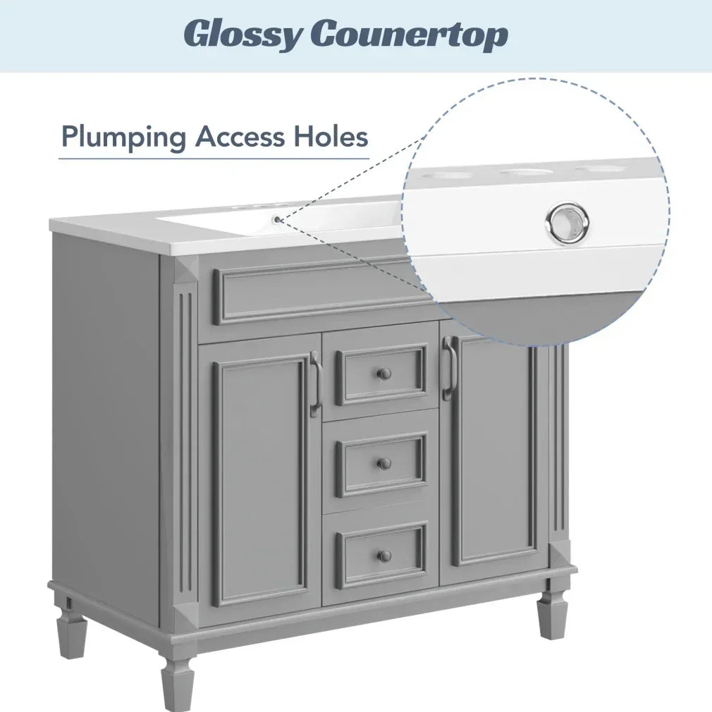 36'' Bathroom Vanity Set With Ceramic Sink Top, Mirror Cabinet, 2 Doors And 2 Drawers - Gray