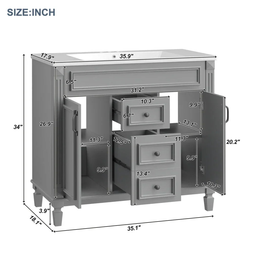 36'' Bathroom Vanity Set With Ceramic Sink Top, Mirror Cabinet, 2 Doors And 2 Drawers - Gray