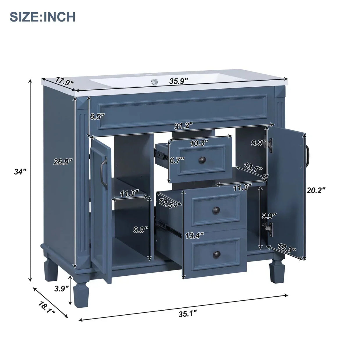 36'' Bathroom Vanity Set With Ceramic Sink Top, Mirror Cabinet, 2 Doors And 2 Drawers - Gray