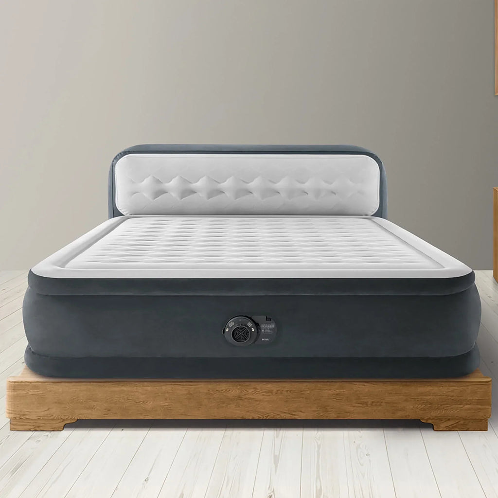 Intex: Dura-Beam Deluxe: Ultra Plush Headboard Airbed - Queen - Gray, 18" Inflatable Mattress, Built-In Pump, Fiber-Tech, Carry Bag, 600lb Cap 64447ED