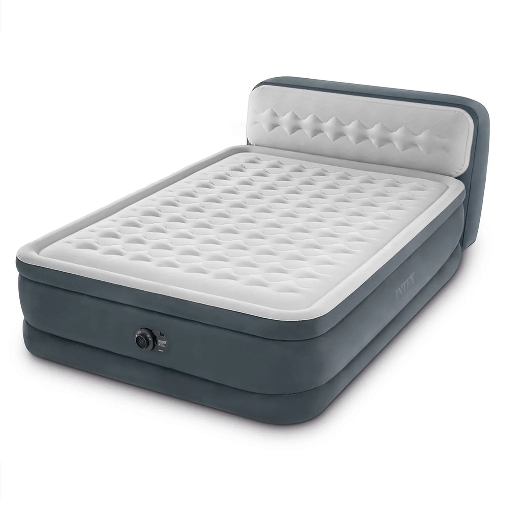 Intex: Dura-Beam Deluxe: Ultra Plush Headboard Airbed - Queen - Gray, 18" Inflatable Mattress, Built-In Pump, Fiber-Tech, Carry Bag, 600lb Cap 64447ED