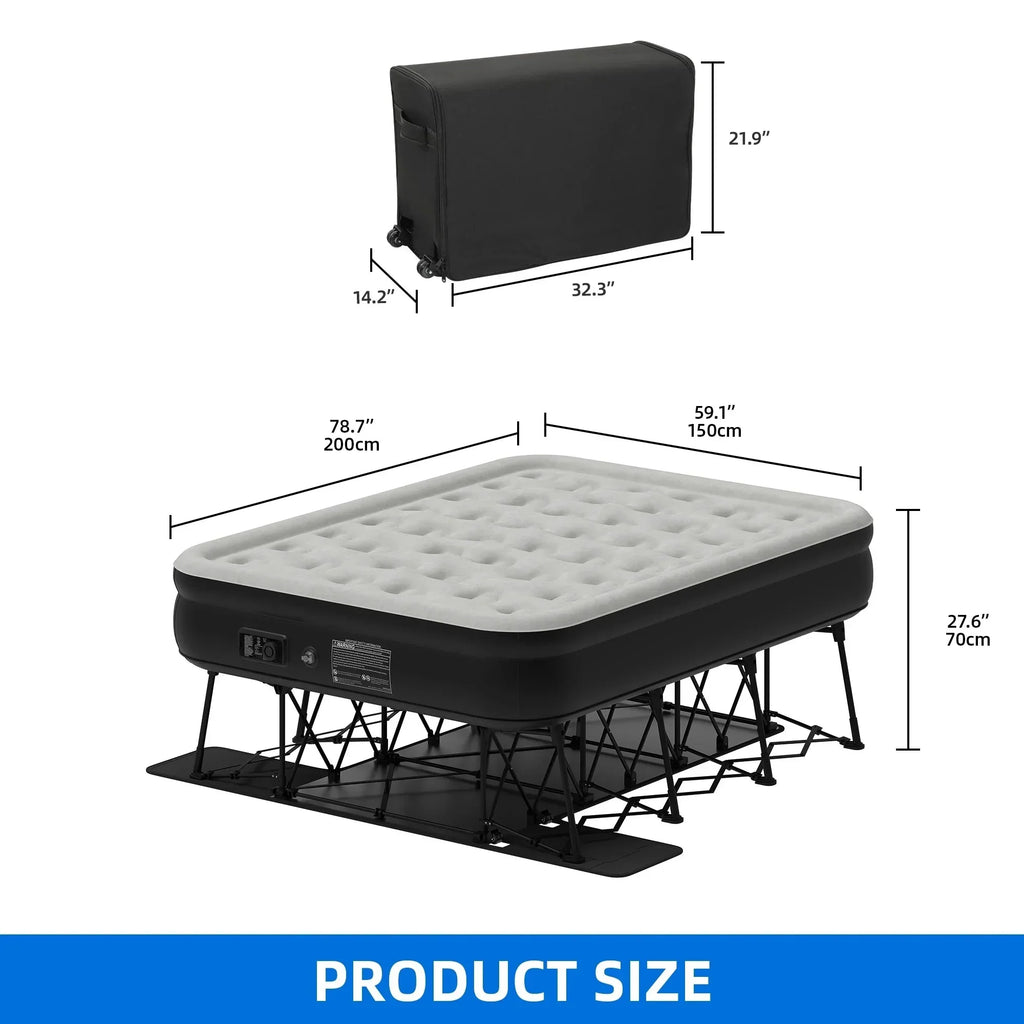 Dextrus Inflatable Queen Air Mattress With Built-In Pump, Steel Frame, Velvet Surface, Khaki