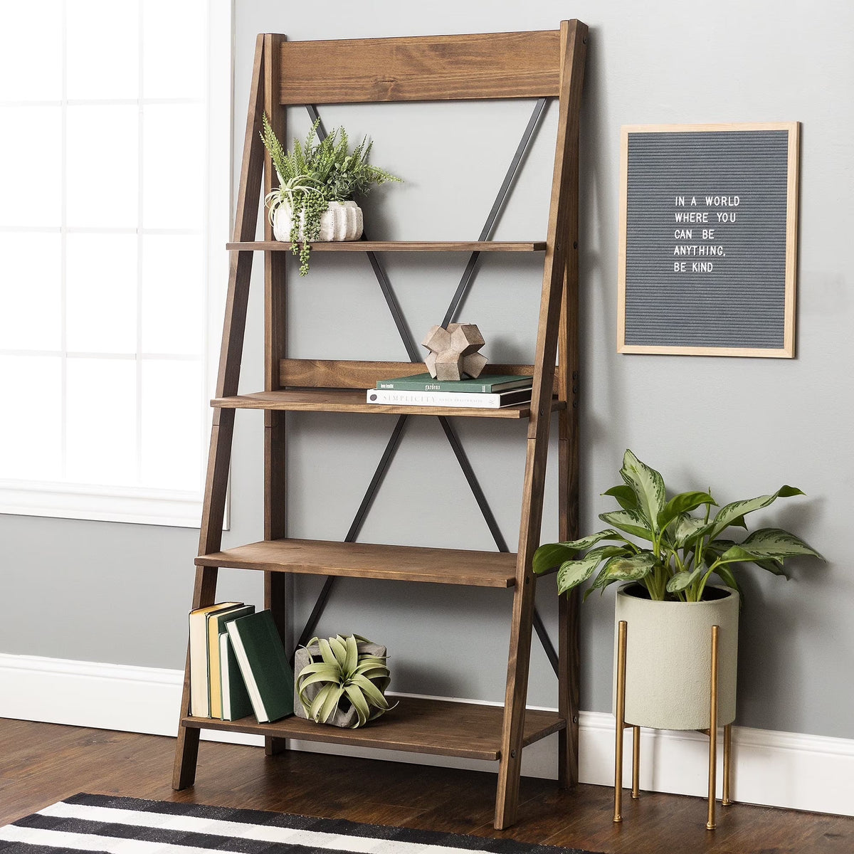Walker Edison Solid Wood 4-Shelf Ladder Bookshelf, Brown