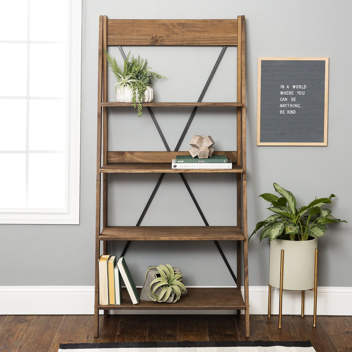 Walker Edison Solid Wood 4-Shelf Ladder Bookshelf, Brown