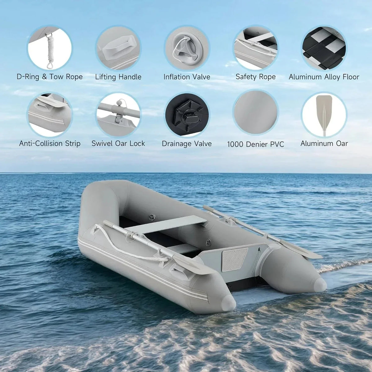 CREWORKS 7.5ft Inflatable Dinghy Boat, 2 Person 660lb Transom Sport Tender Boat with Pump Aluminum Oars Floor, Heavy Duty Inflatable Raft Kayak for Adults