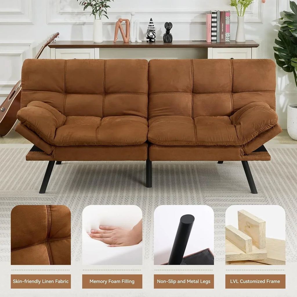 Amazon Basics Brown Loveseat,Convertible Couch Memory Foam Futon Sofa Bed Modern Sleeper Sofa for Small Compact Living Room,Office,Apartment, Linen Fabric