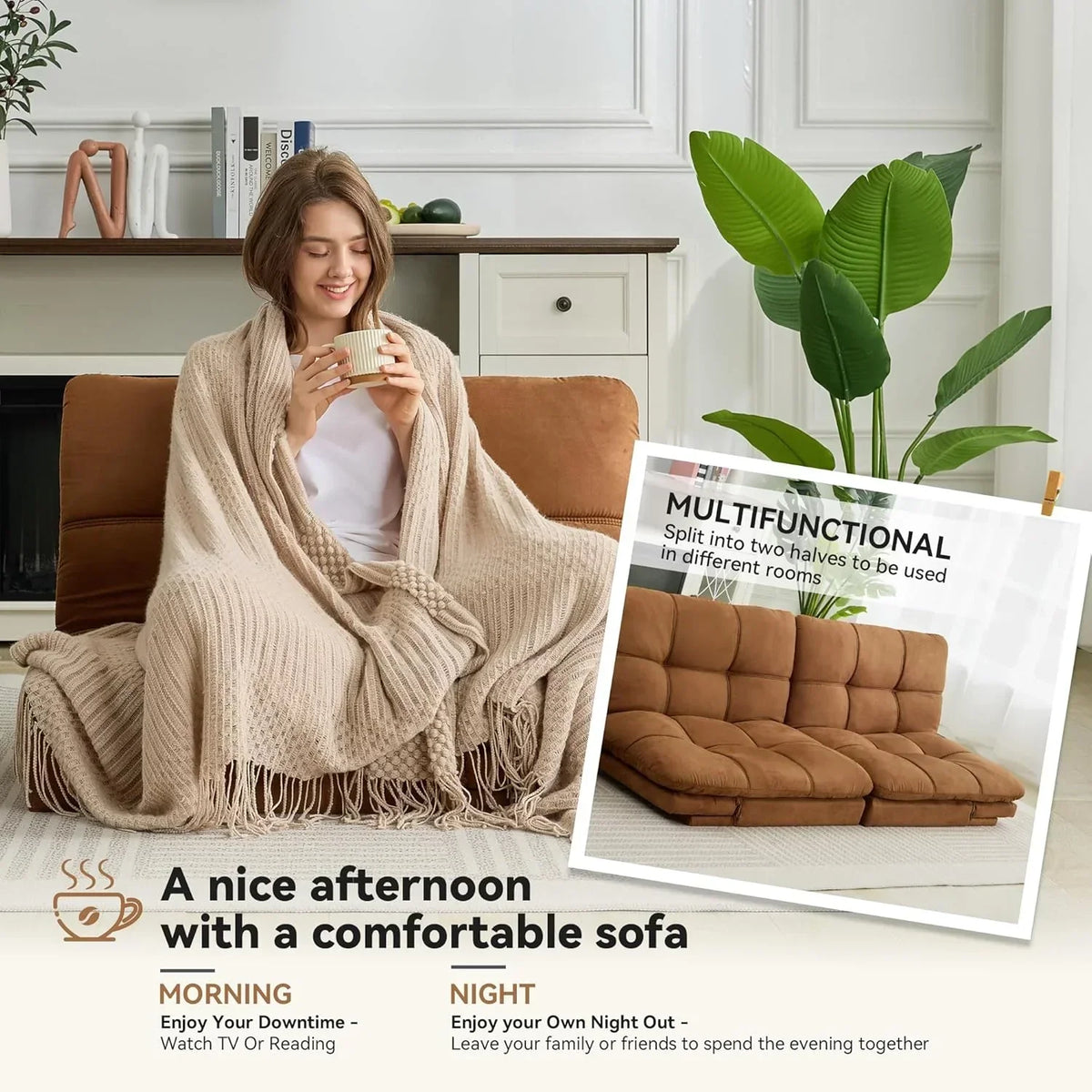 Amazon Basics Brown Loveseat,Convertible Couch Memory Foam Futon Sofa Bed Modern Sleeper Sofa for Small Compact Living Room,Office,Apartment, Linen Fabric