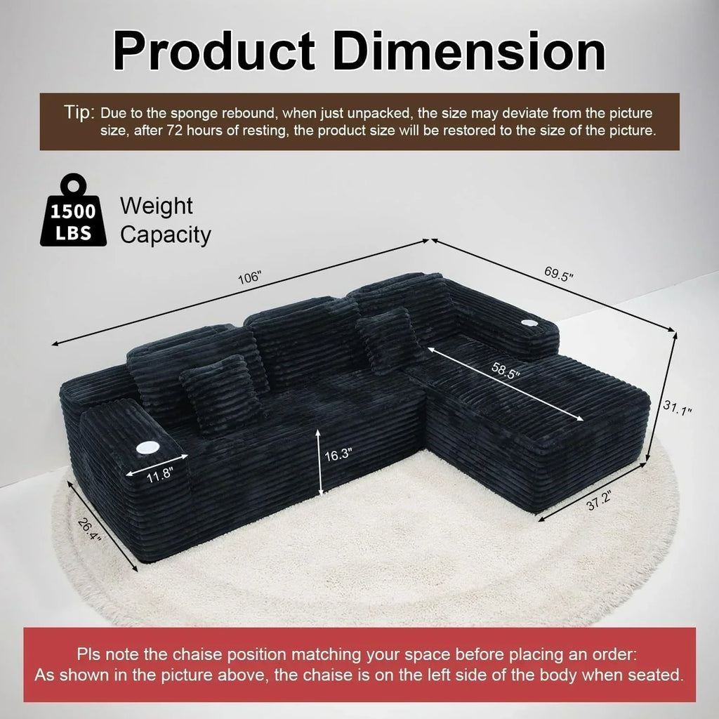 Cloud section sofa with L-shaped recliner modern modular sofa built-in cup holder