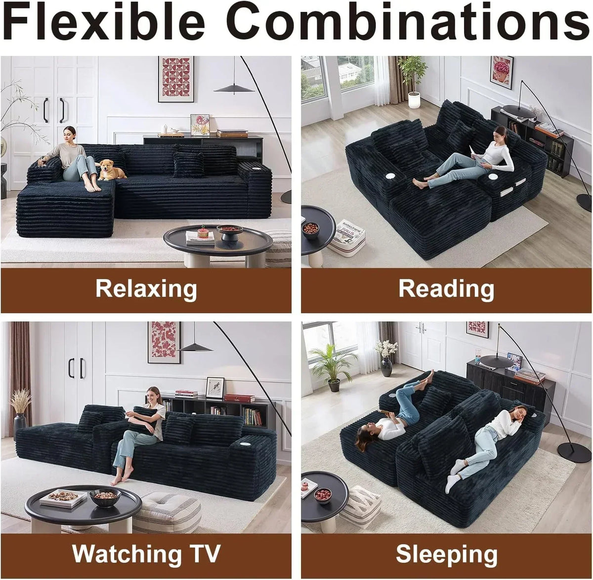 Cloud section sofa with L-shaped recliner modern modular sofa built-in cup holder