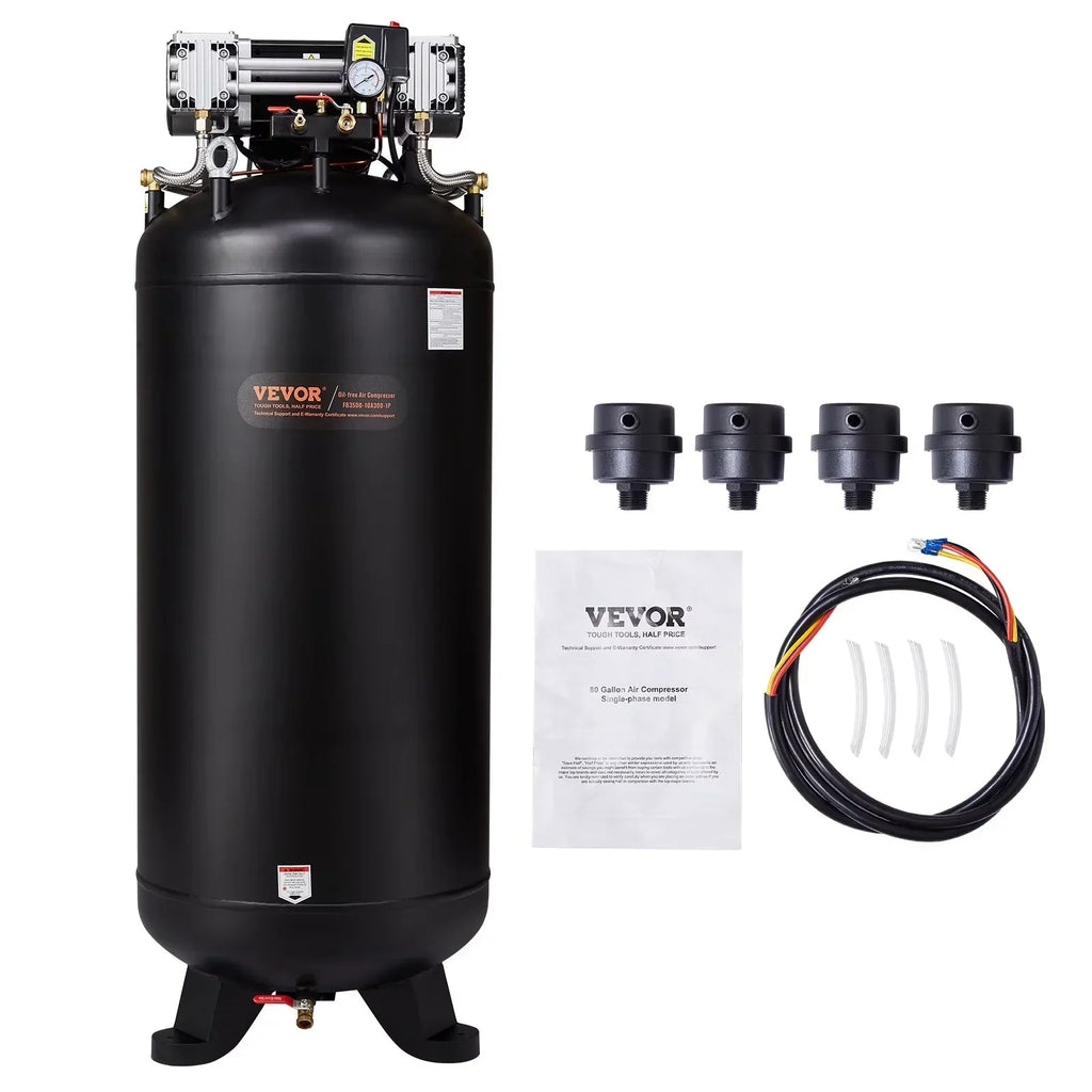 VEVOR 80 Gallon Oil-Free Air Compressor, 6.5 HP, 15.5 SCFM at 90 PSI, 145 PSI - FB3500-10A300-1P