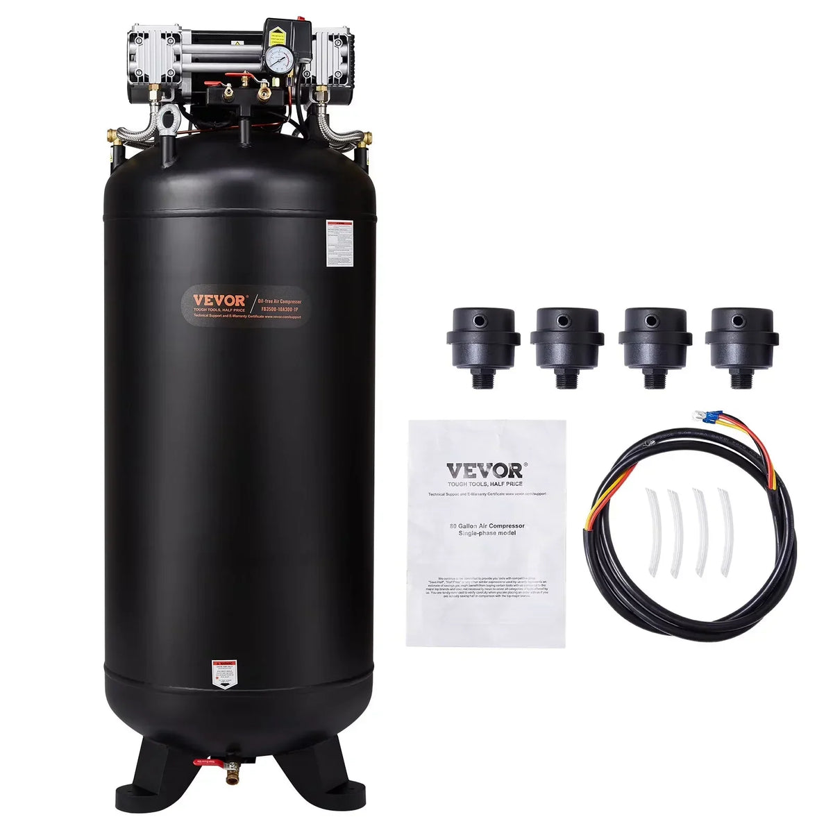 VEVOR 80 Gallon Oil-Free Air Compressor, 6.5 HP, 15.5 SCFM at 90 PSI, 145 PSI - FB3500-10A300-1P