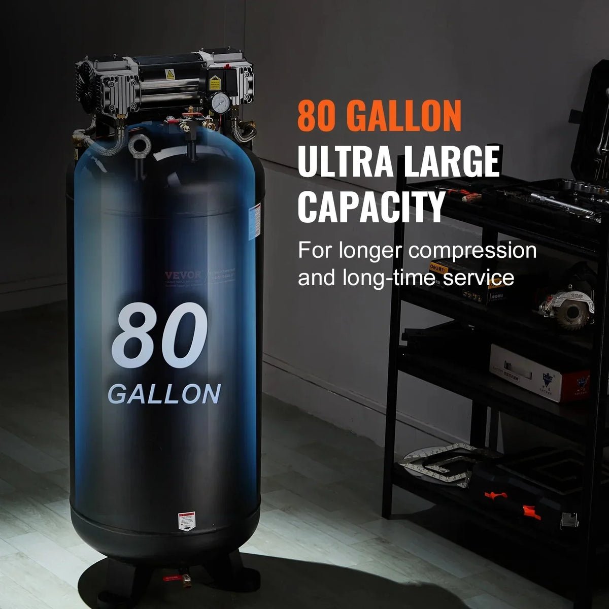 VEVOR 80 Gallon Oil-Free Air Compressor, 6.5 HP, 15.5 SCFM at 90 PSI, 145 PSI - FB3500-10A300-1P