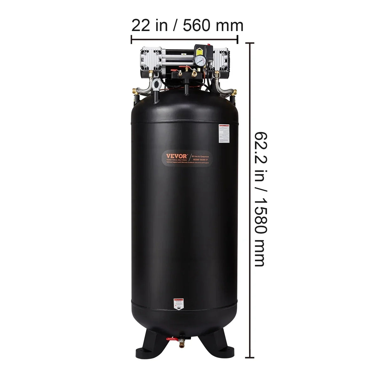 VEVOR 80 Gallon Oil-Free Air Compressor, 6.5 HP, 15.5 SCFM at 90 PSI, 145 PSI - FB3500-10A300-1P