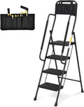 HBTower 4 Step Ladder with Handrails and Tool Bag, Folding Step Stool with Attachable  Anti-Slip Wide Pedal, Black