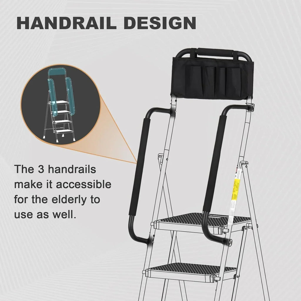 HBTower 4 Step Ladder with Handrails and Tool Bag, Folding Step Stool with Attachable  Anti-Slip Wide Pedal, Black