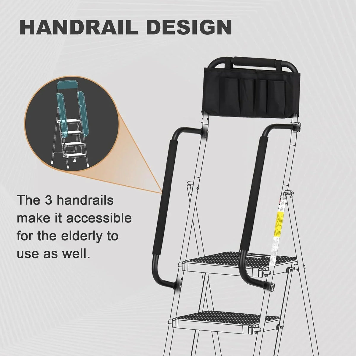 HBTower 4 Step Ladder with Handrails and Tool Bag, Folding Step Stool with Attachable  Anti-Slip Wide Pedal, Black