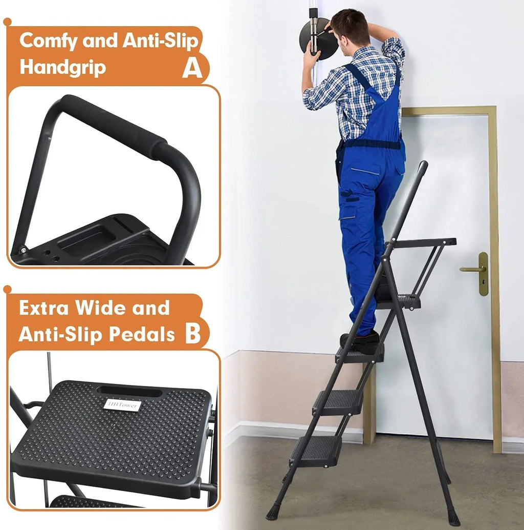 HBTower 4 Step Ladder with Handrails and Tool Bag, Folding Step Stool with Attachable  Anti-Slip Wide Pedal, Black